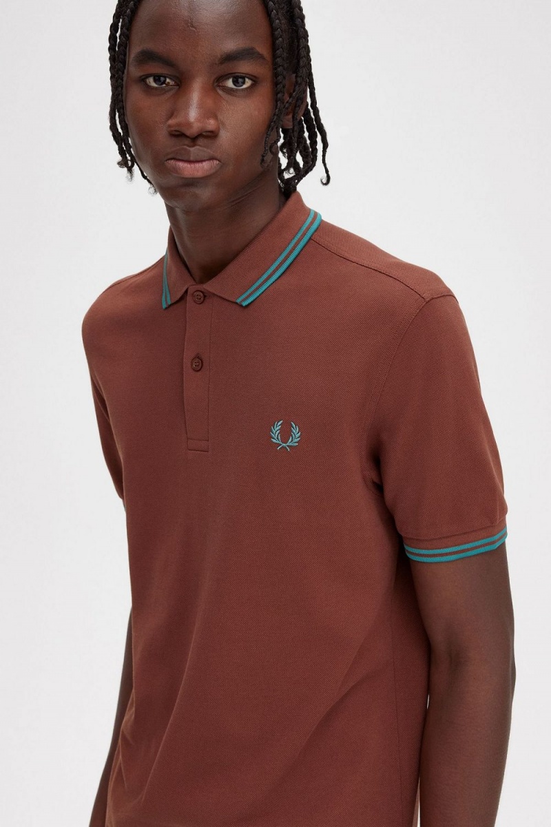 Fred Perry M3600 Men's Shirt Whisky Brown Deep Mint Deep Mint | LUAXM4790