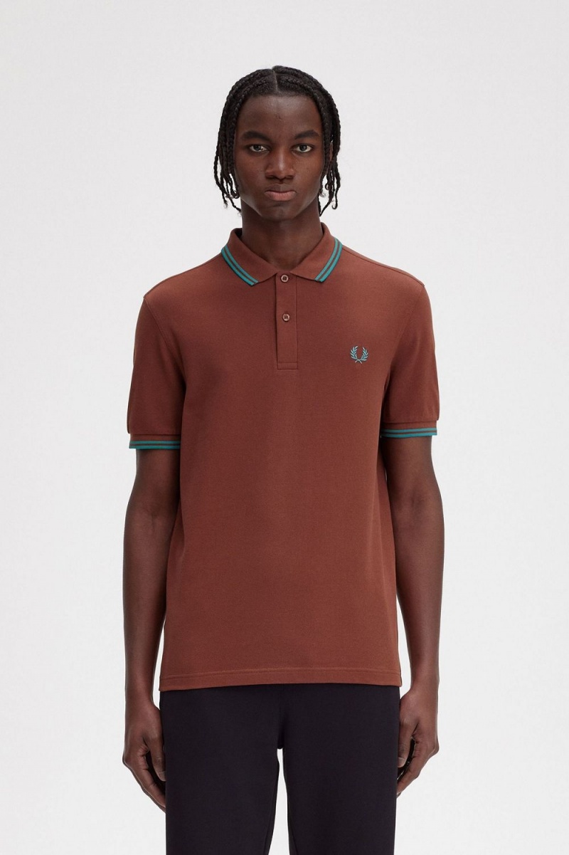 Fred Perry M3600 Men\'s Shirt Whisky Brown Deep Mint Deep Mint | LUAXM4790