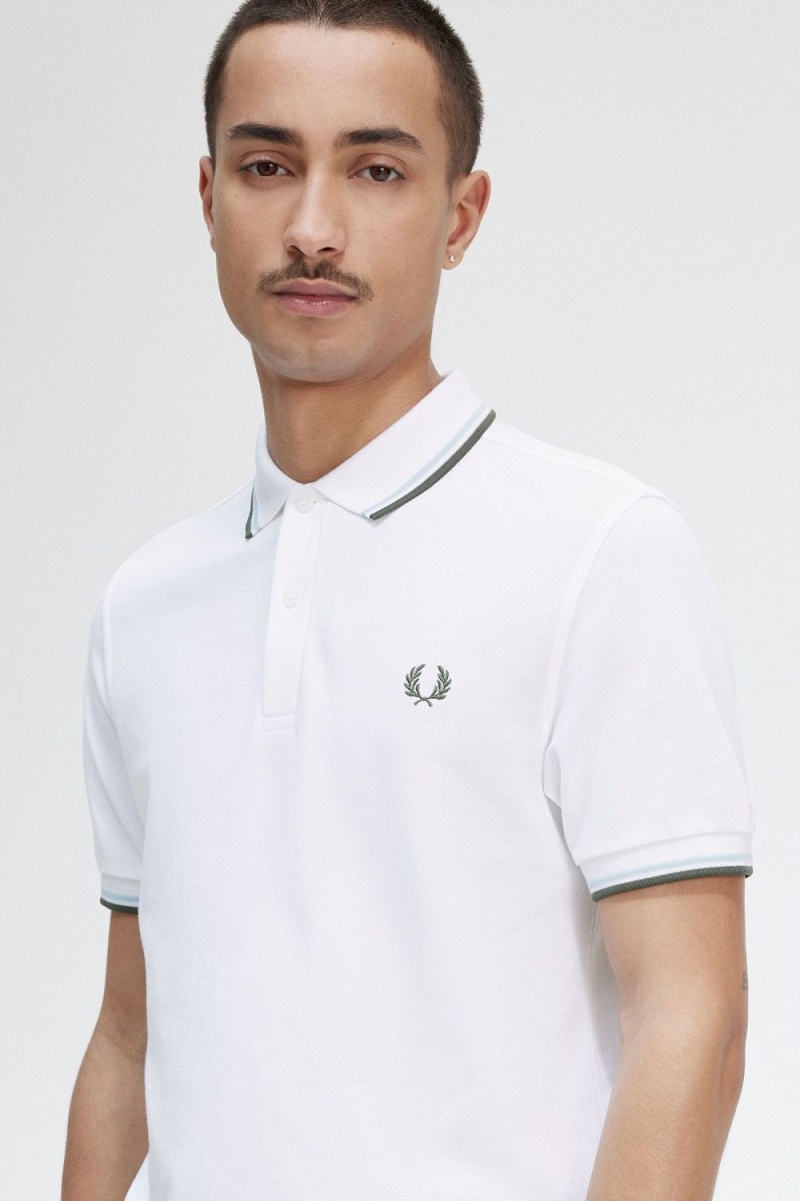 Fred Perry M3600 Men's Shirt White Light Aqua Field Green | AISQH0238