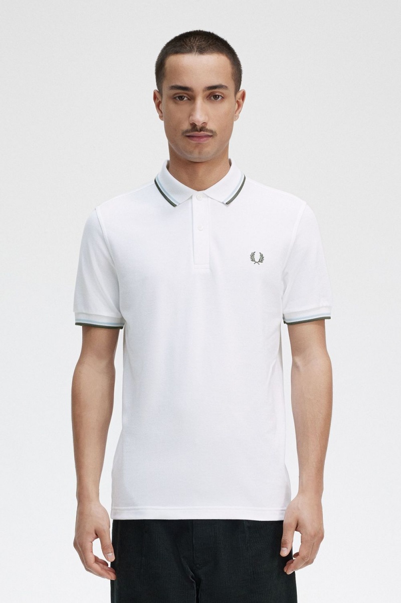 Fred Perry M3600 Men\'s Shirt White Light Aqua Field Green | AISQH0238