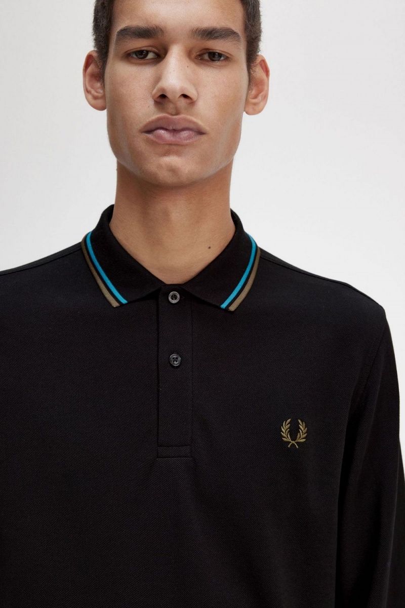 Fred Perry M3636 Men's Shirt Black Cyber Blue Uniform Green | XBTGL5167