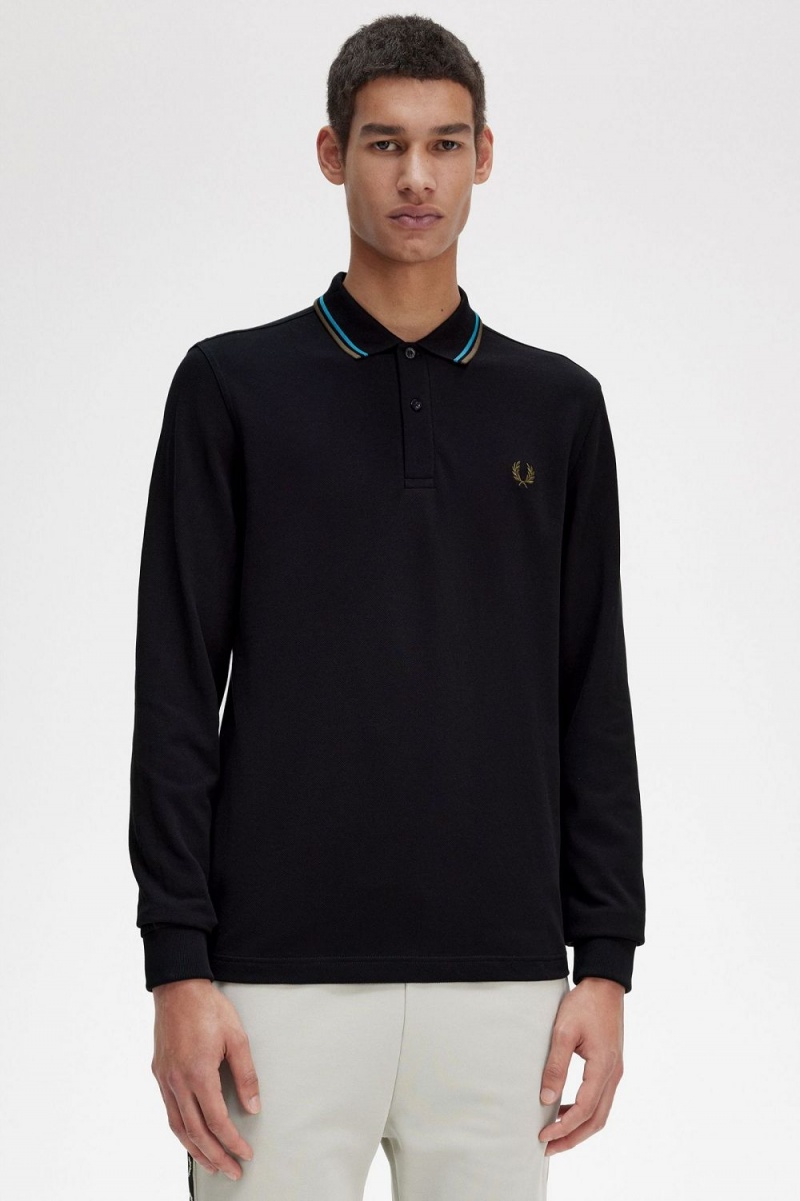 Fred Perry M3636 Men's Shirt Black Cyber Blue Uniform Green | XBTGL5167