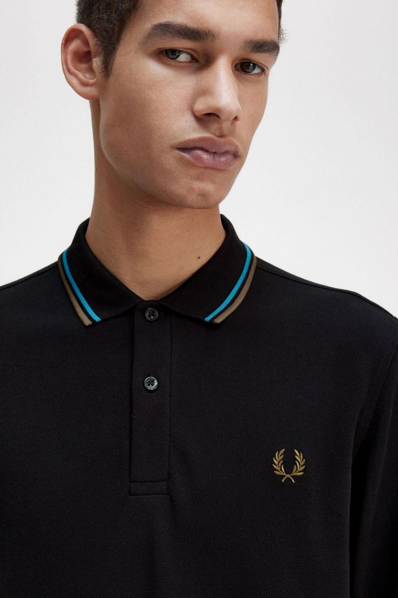 Fred Perry M3636 Men's Shirt Black Cyber Blue Uniform Green | XBTGL5167