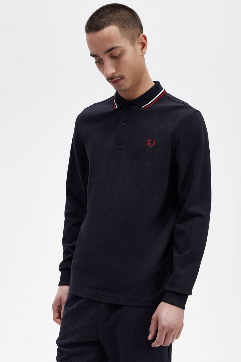 Fred Perry M3636 Men's Shirt Navy Snow White Burnt Red | EHSQP5926