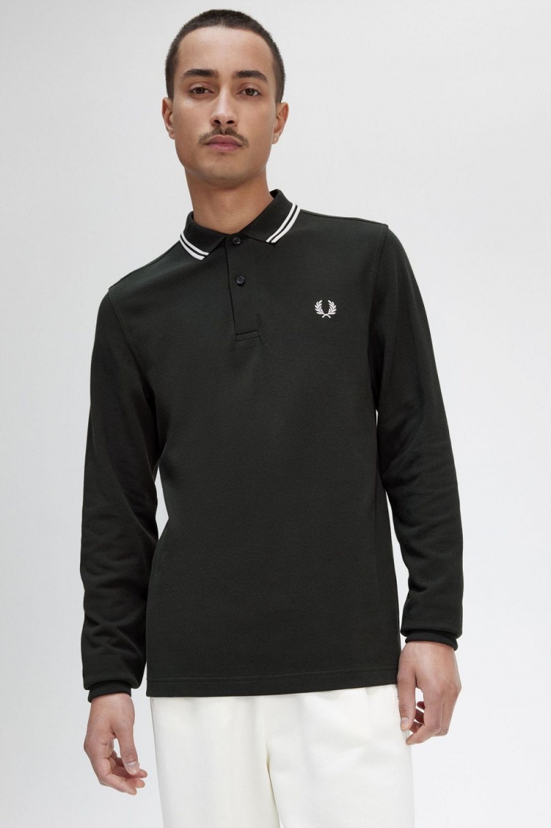 Fred Perry M3636 Men's Shirt Night Green Snow White | IFDYE4918