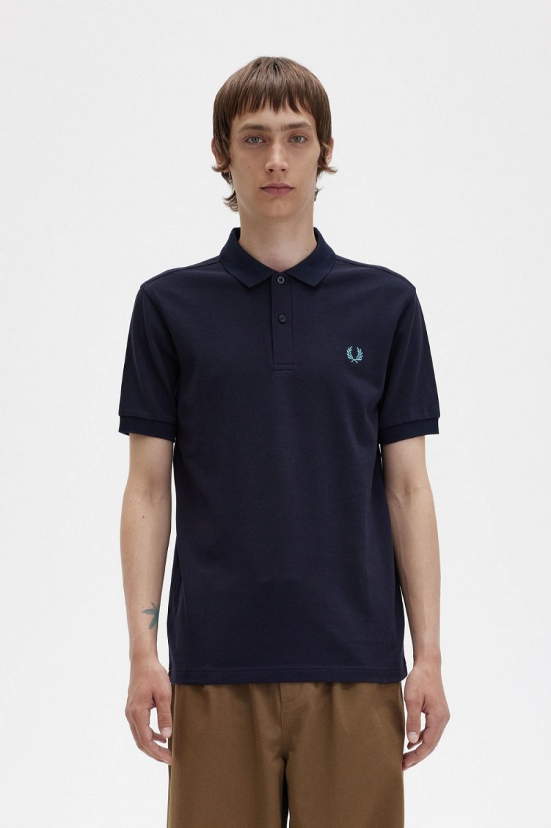 Fred Perry M6000 Men\'s Shirt Navy Deep Mint | HWQRN8309