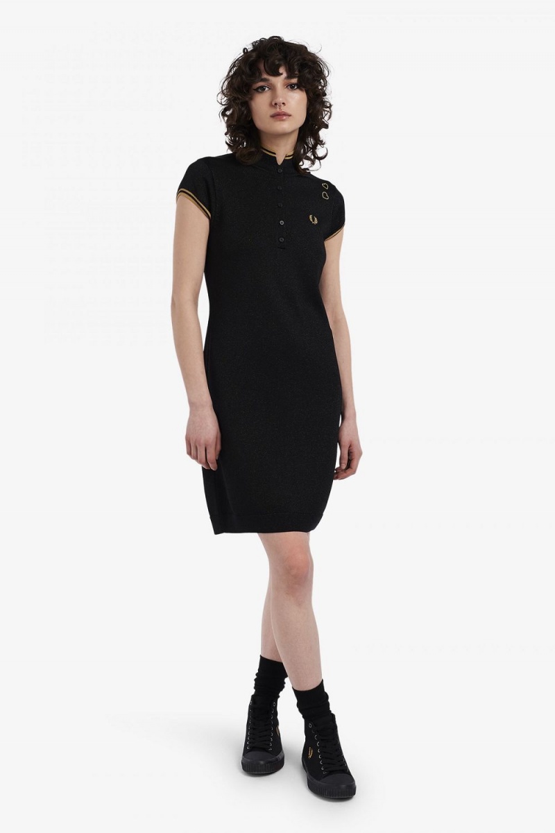 Fred Perry Metallic Knitted Women's Dress Black | QWFSP1394