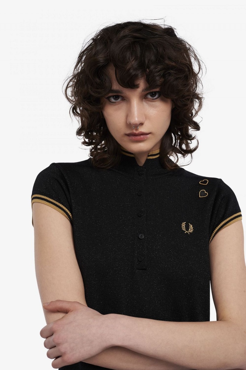 Fred Perry Metallic Knitted Women's Dress Black | QWFSP1394