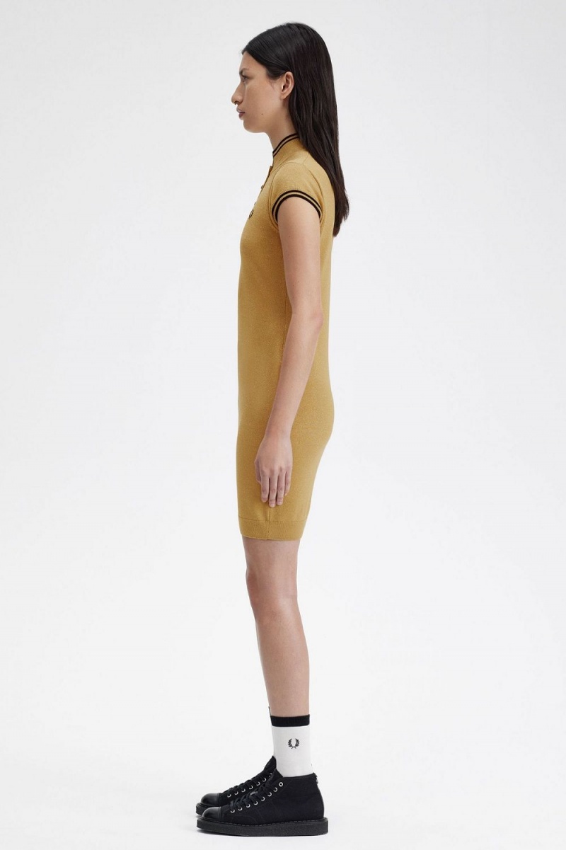 Fred Perry Metallic Knitted Women's Dress 1964 Gold | VZBAW0819