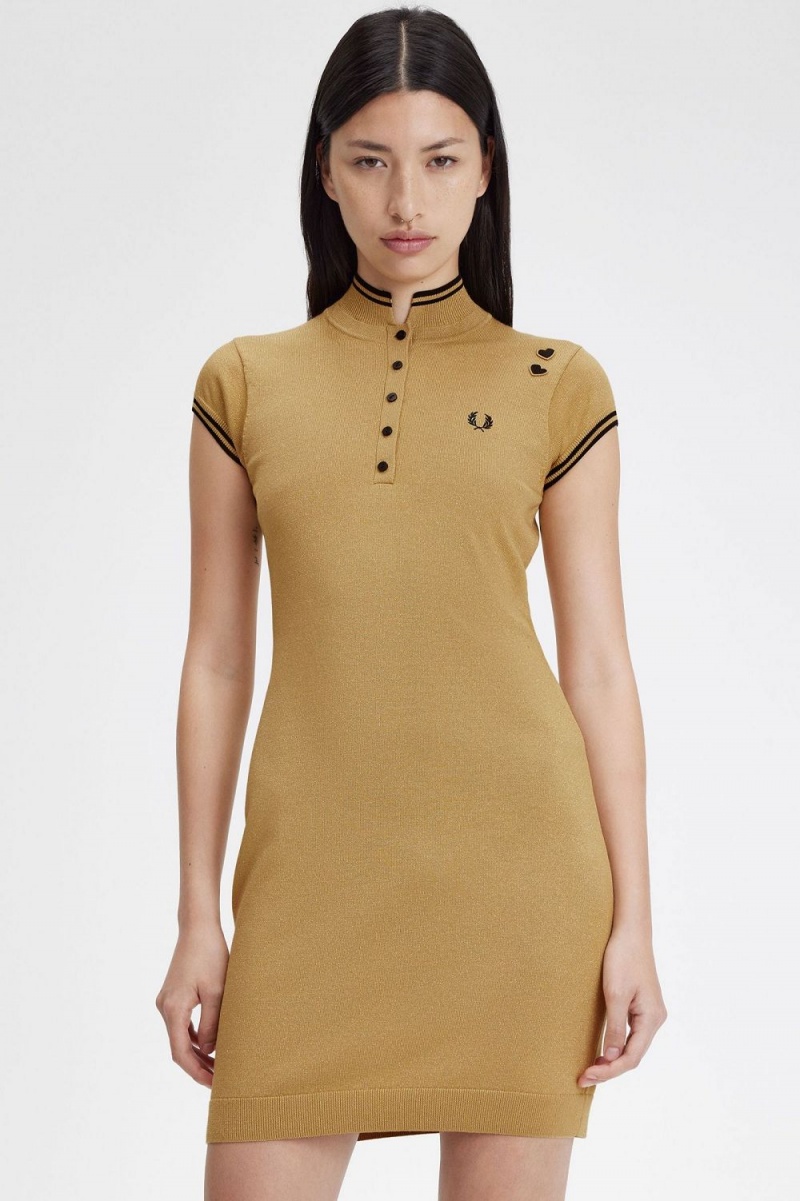 Fred Perry Metallic Knitted Women's Dress 1964 Gold | VZBAW0819