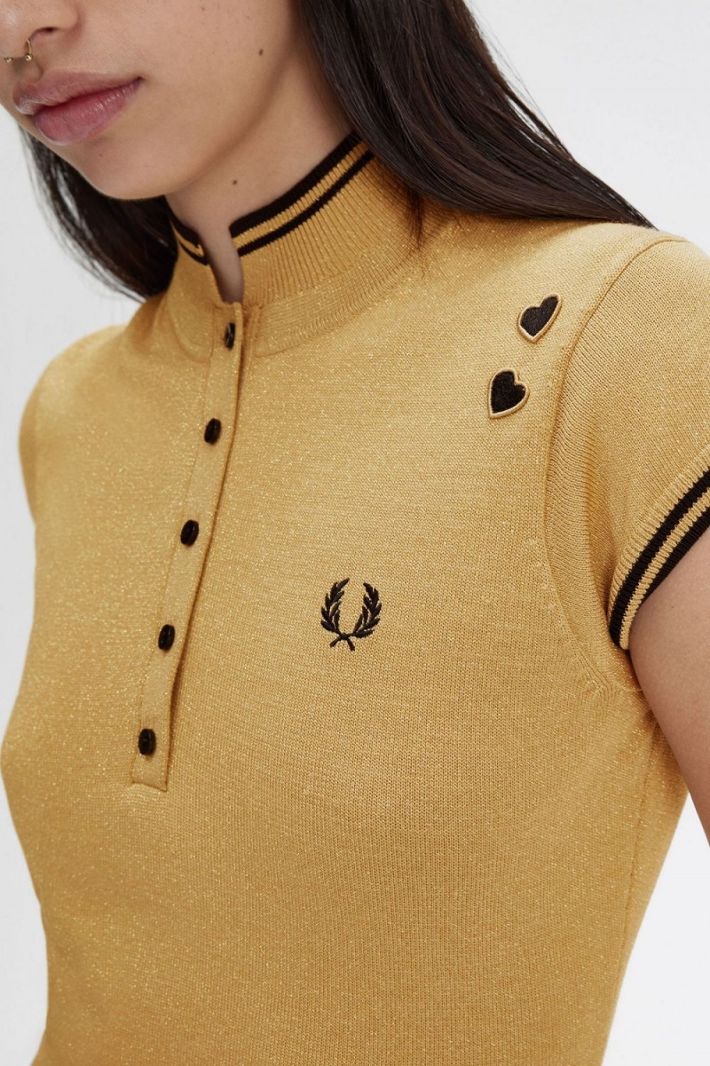 Fred Perry Metallic Knitted Women's Dress 1964 Gold | VZBAW0819