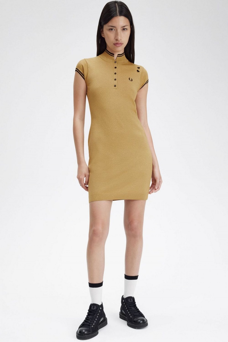 Fred Perry Metallic Knitted Women's Dress 1964 Gold | VZBAW0819