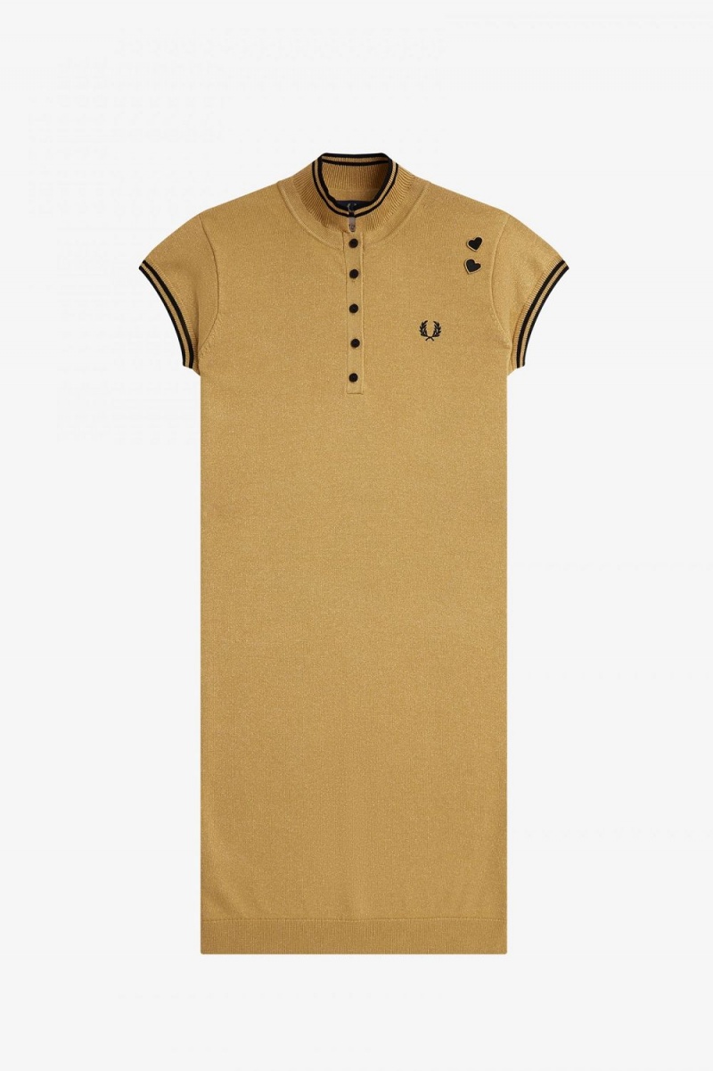 Fred Perry Metallic Knitted Women's Dress 1964 Gold | VZBAW0819