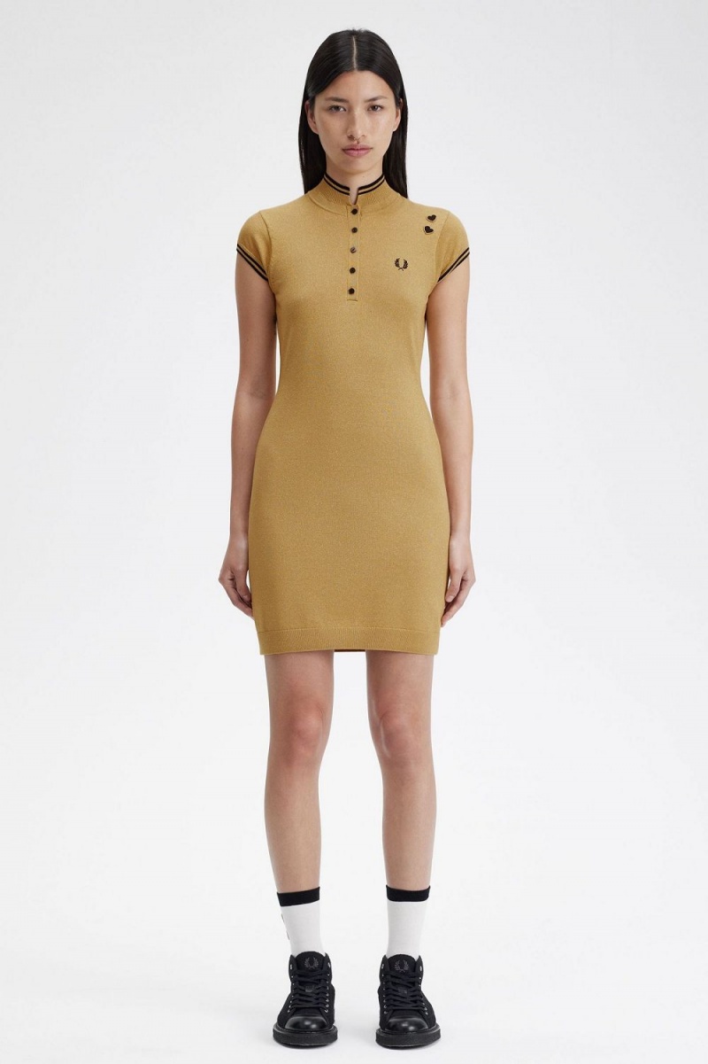 Fred Perry Metallic Knitted Women\'s Dress 1964 Gold | VZBAW0819