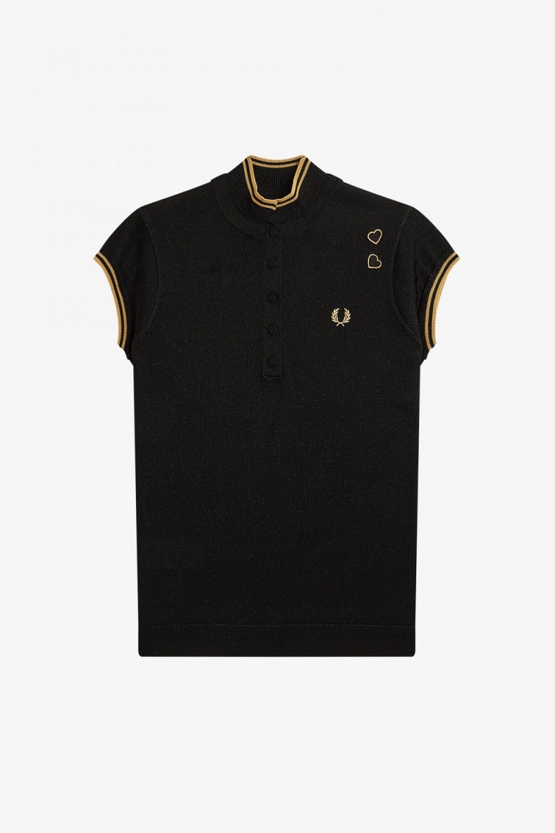 Fred Perry Metallic Knitted Women's Polo Shirt Black | LNBRH2768