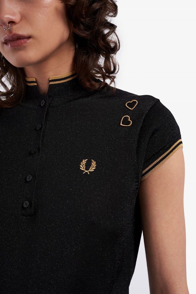 Fred Perry Metallic Knitted Women's Polo Shirt Black | LNBRH2768