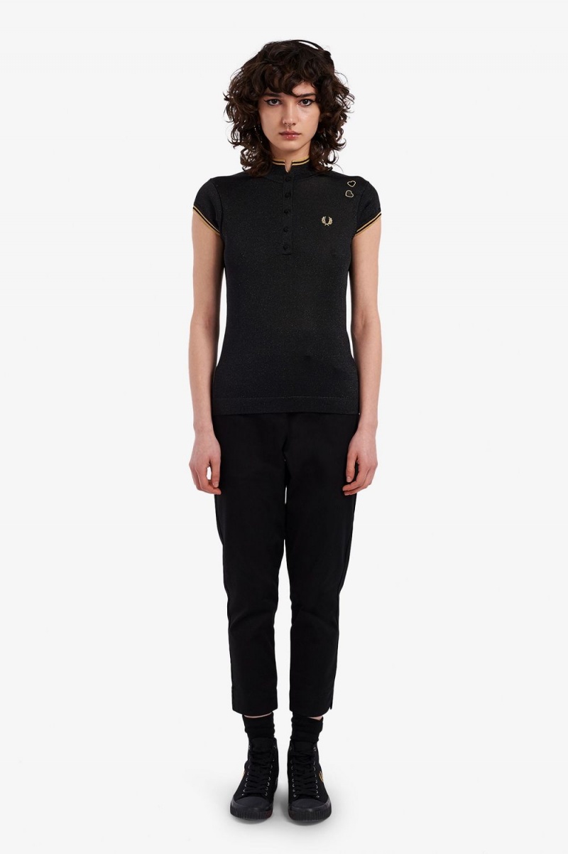 Fred Perry Metallic Knitted Women's Polo Shirt Black | LNBRH2768