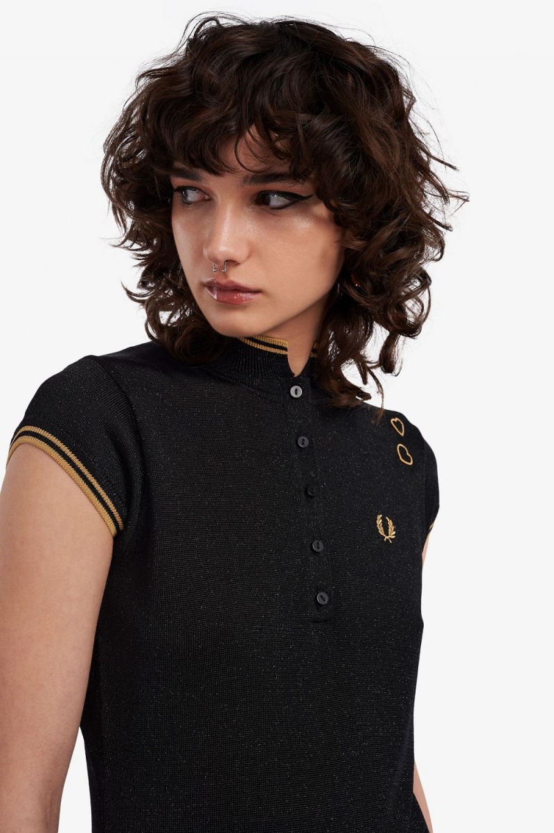 Fred Perry Metallic Knitted Women's Polo Shirt Black | LNBRH2768