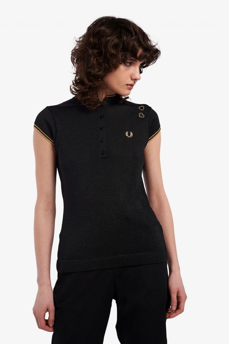 Fred Perry Metallic Knitted Women\'s Polo Shirt Black | LNBRH2768