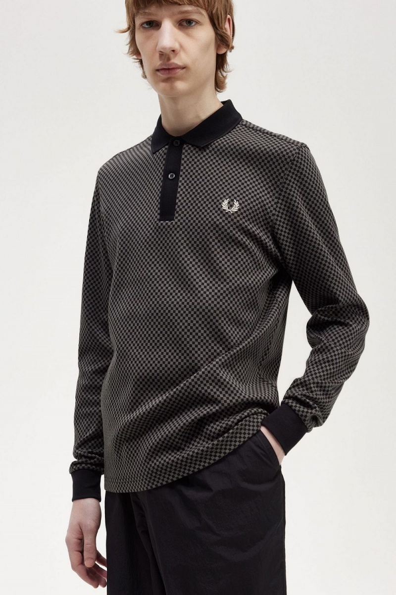 Fred Perry Micro Chequerboard Men's Polo Shirt Black Field Green | KGFAC6598