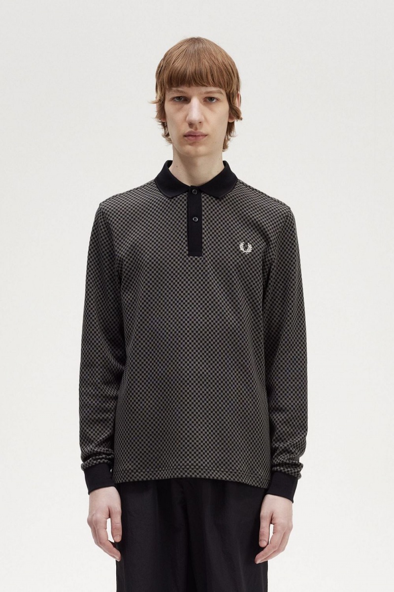 Fred Perry Micro Chequerboard Men\'s Polo Shirt Black Field Green | KGFAC6598