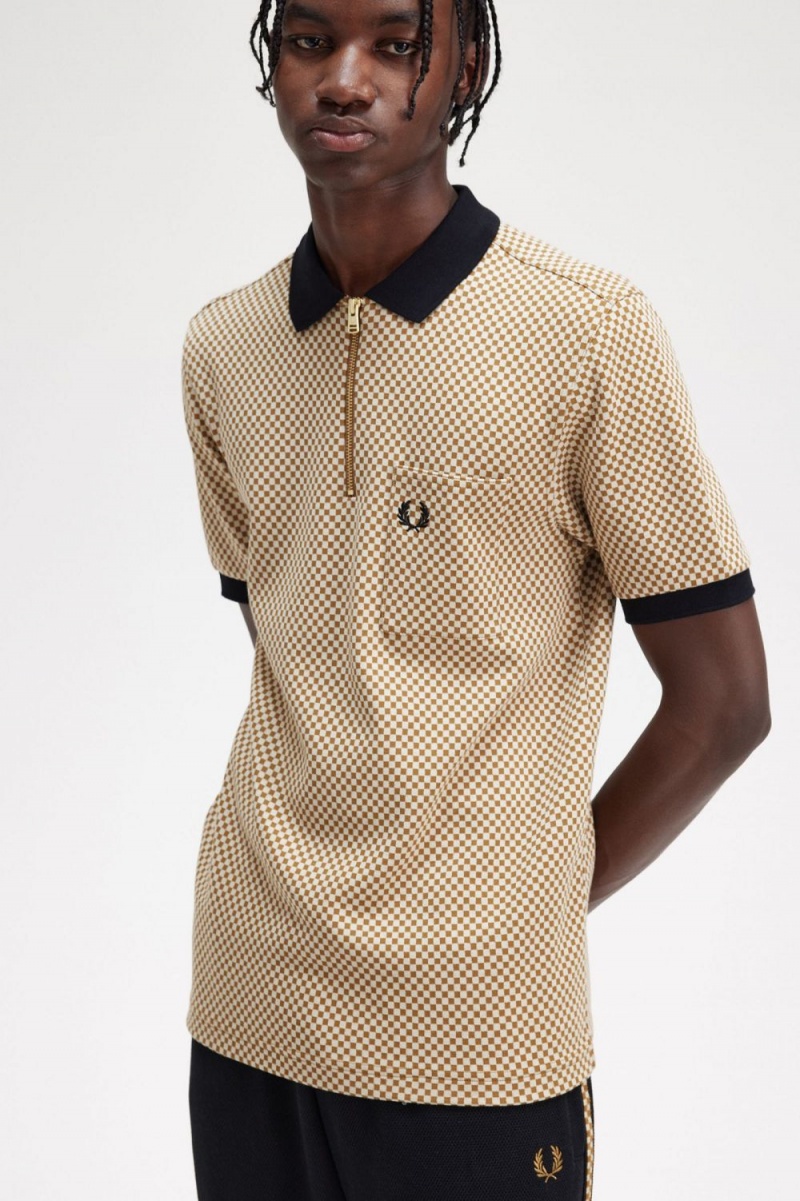 Fred Perry Micro Chequerboard Men's Polo Shirt Oatmeal Dark Coffee | YWLSX3950