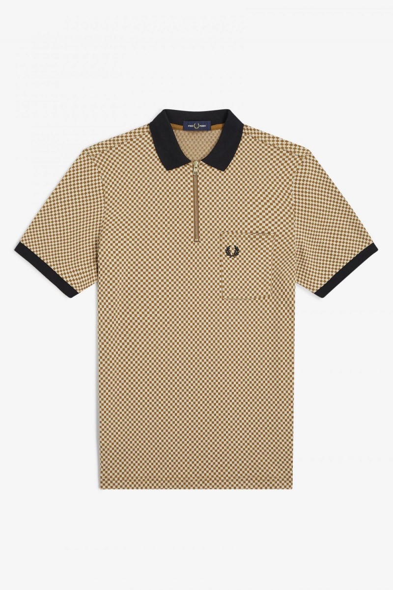 Fred Perry Micro Chequerboard Men's Polo Shirt Oatmeal Dark Coffee | YWLSX3950