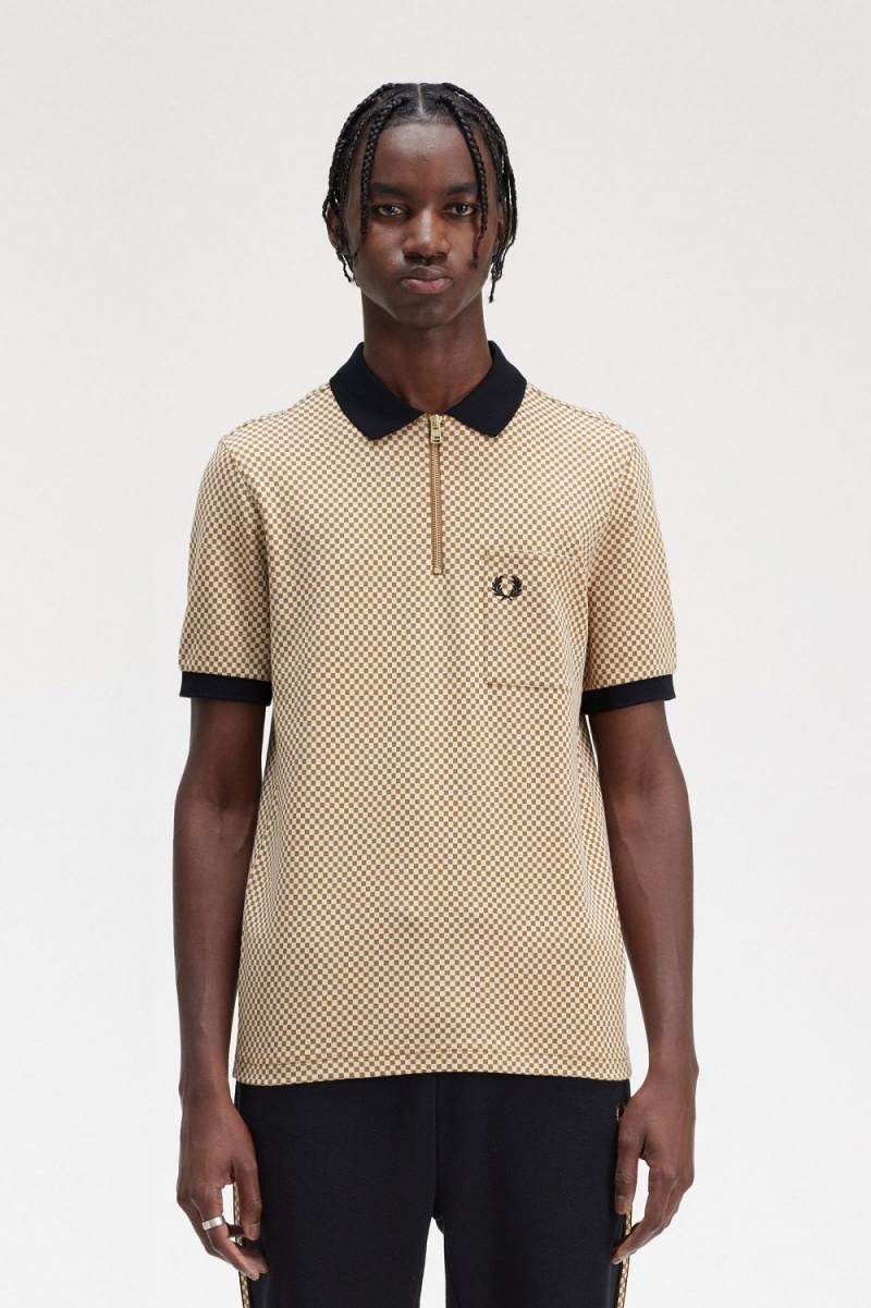 Fred Perry Micro Chequerboard Men\'s Polo Shirt Oatmeal Dark Coffee | YWLSX3950