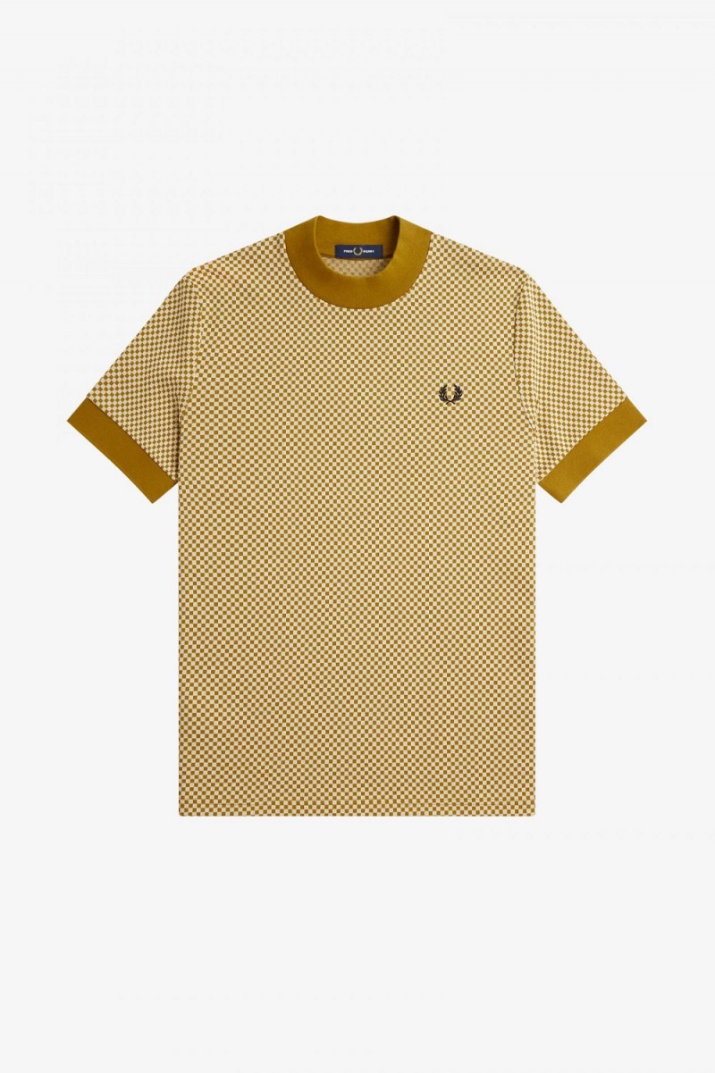 Fred Perry Micro Chequerboard Men's T-Shirt Oatmeal Dark Coffee | OSQBJ0972