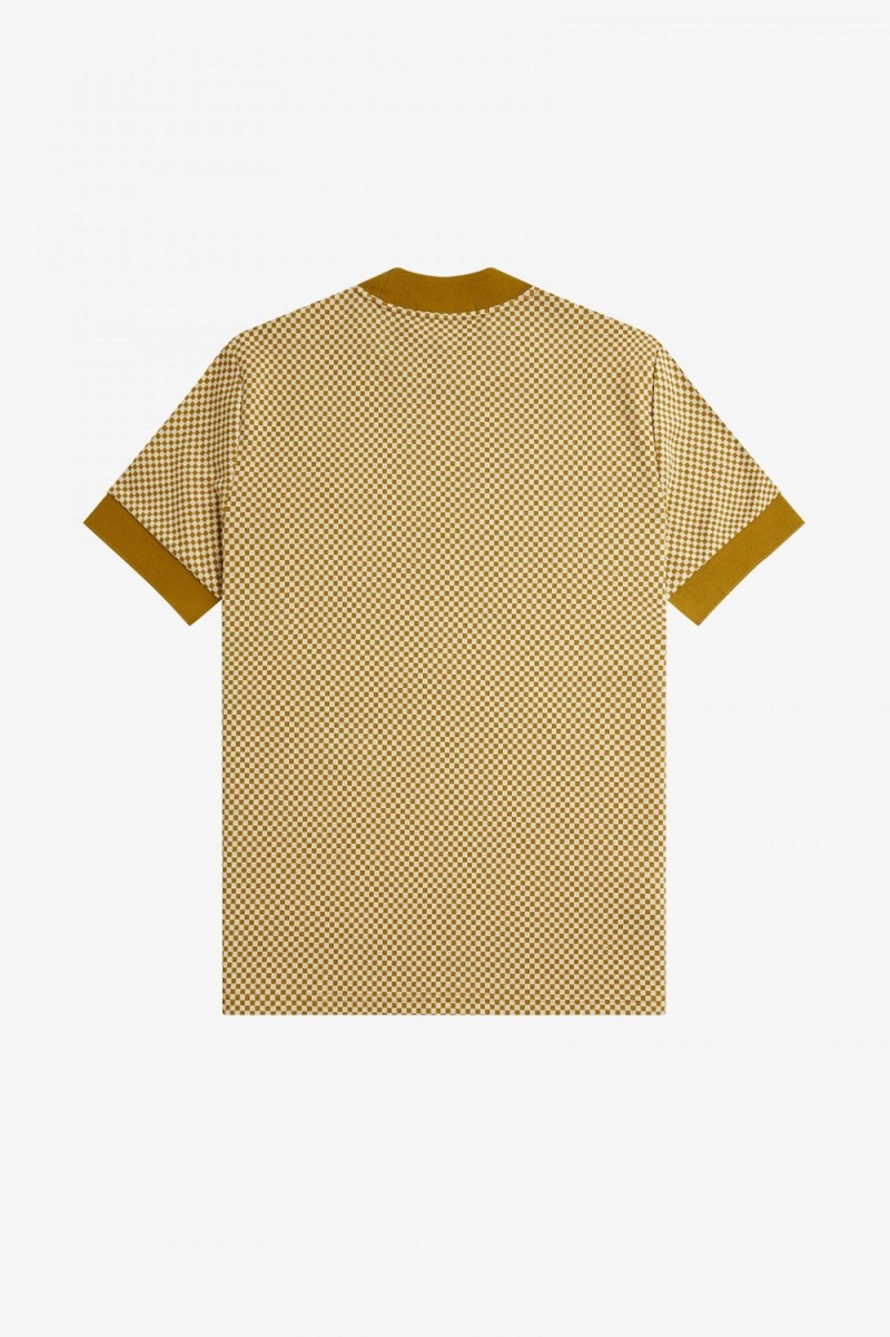 Fred Perry Micro Chequerboard Men's T-Shirt Oatmeal Dark Coffee | OSQBJ0972