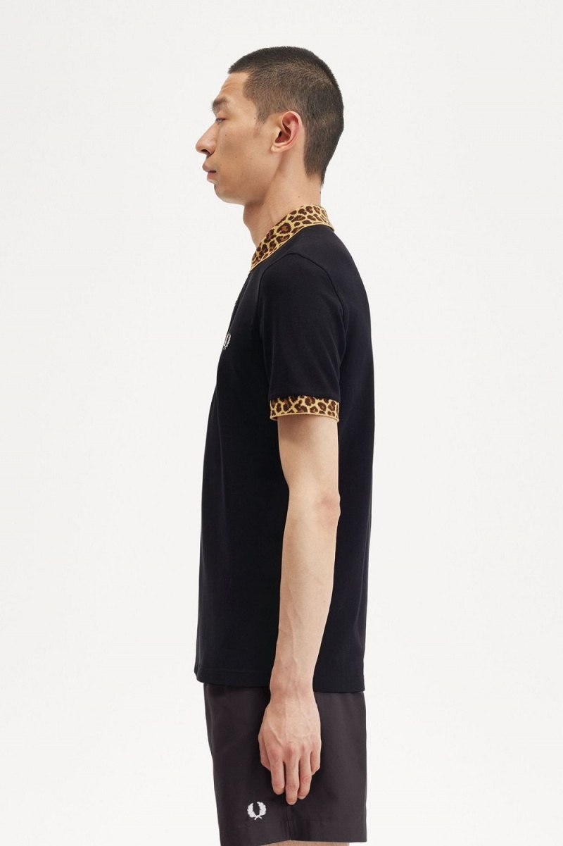 Fred Perry Noongoons Leopard Print Men's Polo Shirt Black | OIHUA3671