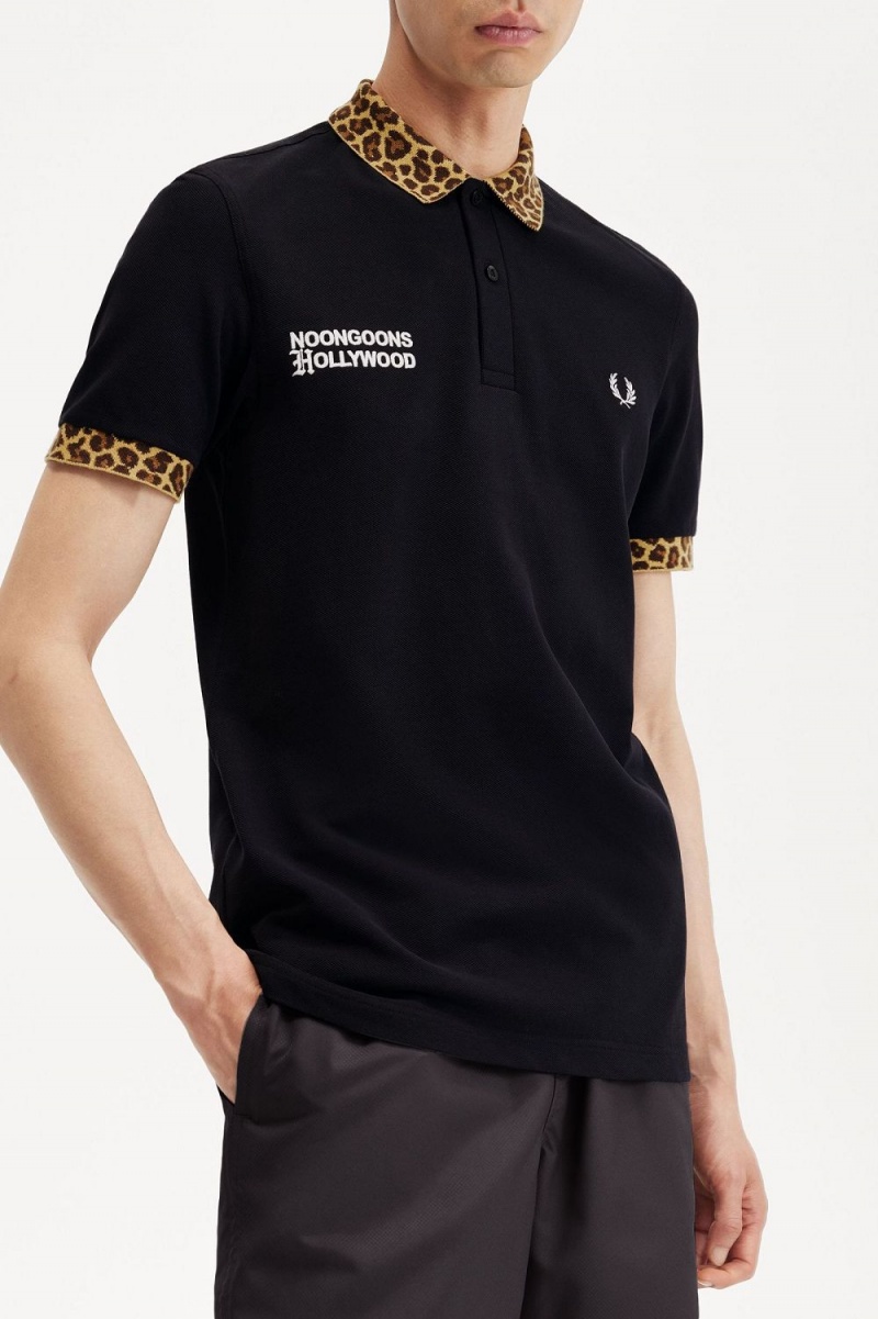 Fred Perry Noongoons Leopard Print Men's Polo Shirt Black | OIHUA3671