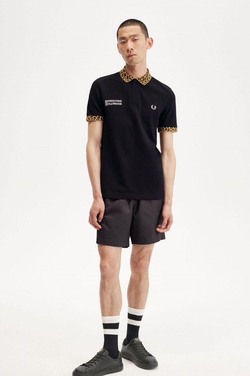 Fred Perry Noongoons Leopard Print Men's Polo Shirt Black | OIHUA3671