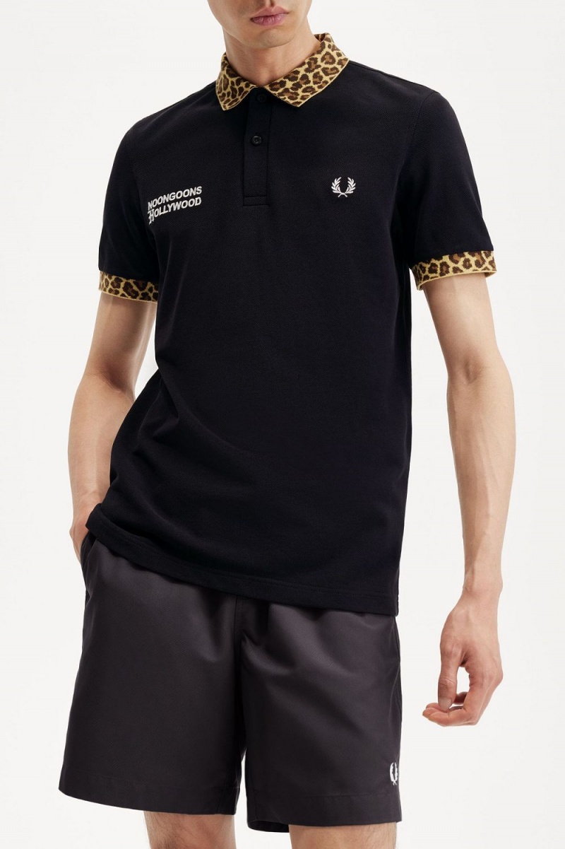 Fred Perry Noongoons Leopard Print Men's Polo Shirt Black | OIHUA3671