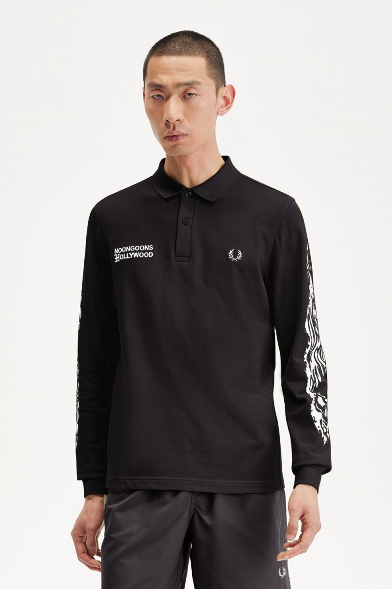 Fred Perry Noongoons Long Sleeve Graphic Men's Polo Shirt Black | AIRVU3176