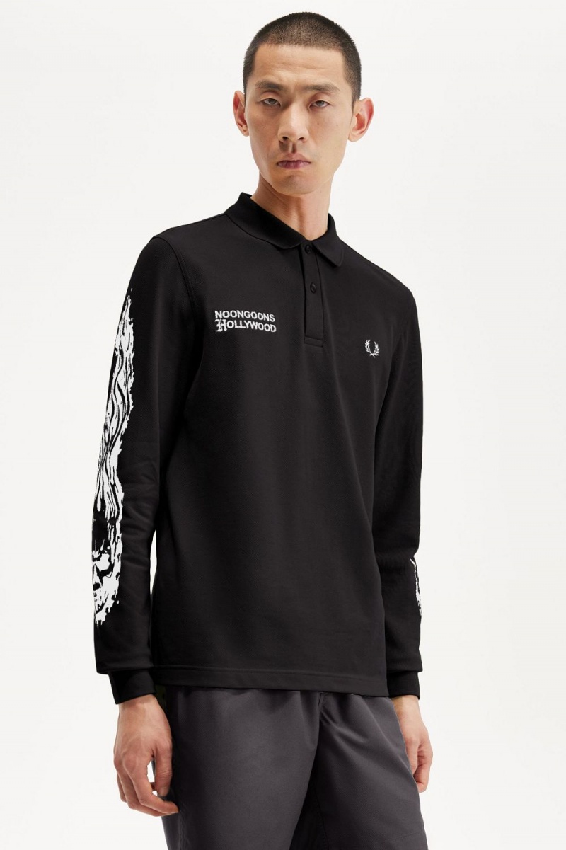 Fred Perry Noongoons Long Sleeve Graphic Men's Polo Shirt Black | AIRVU3176