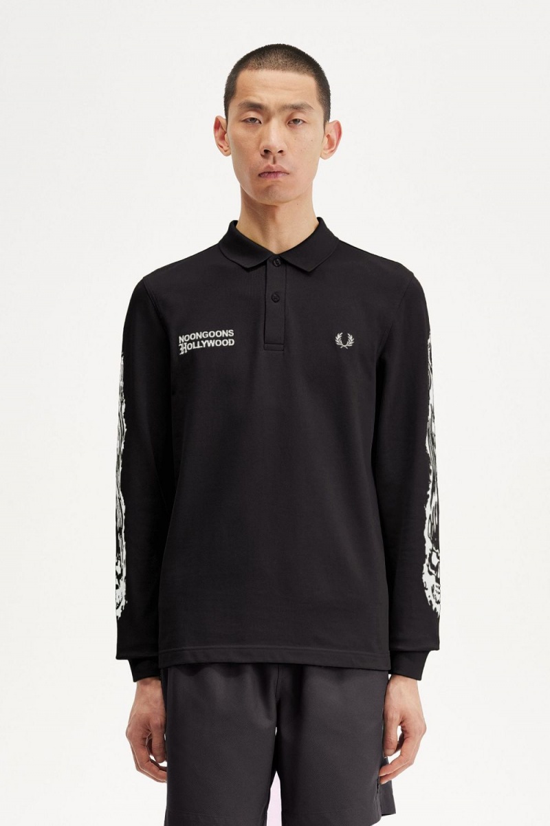 Fred Perry Noongoons Long Sleeve Graphic Men\'s Polo Shirt Black | AIRVU3176