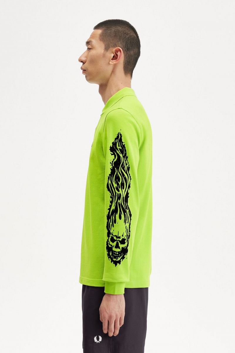 Fred Perry Noongoons Long Sleeve Graphic Men's Polo Shirt Lime Green | HZUFJ4860