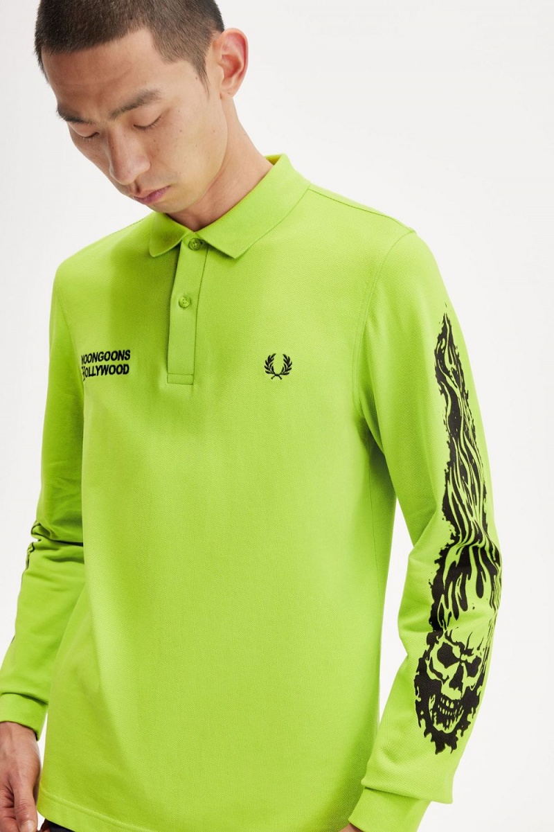 Fred Perry Noongoons Long Sleeve Graphic Men's Polo Shirt Lime Green | HZUFJ4860