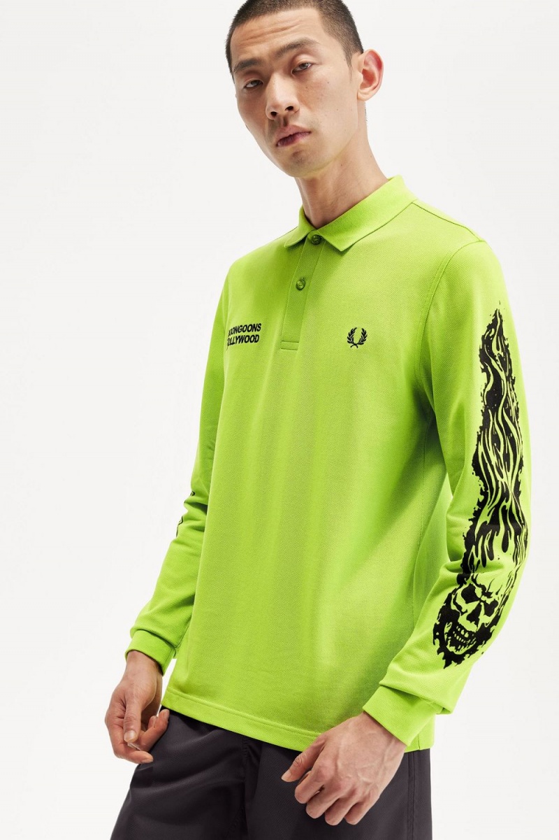 Fred Perry Noongoons Long Sleeve Graphic Men's Polo Shirt Lime Green | HZUFJ4860