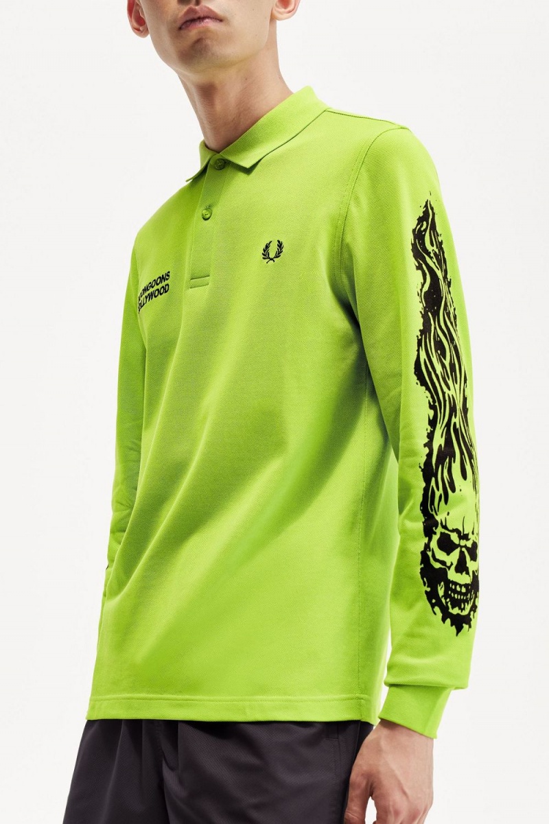 Fred Perry Noongoons Long Sleeve Graphic Men's Polo Shirt Lime Green | HZUFJ4860