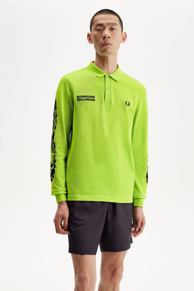 Fred Perry Noongoons Long Sleeve Graphic Men's Polo Shirt Lime Green | HZUFJ4860