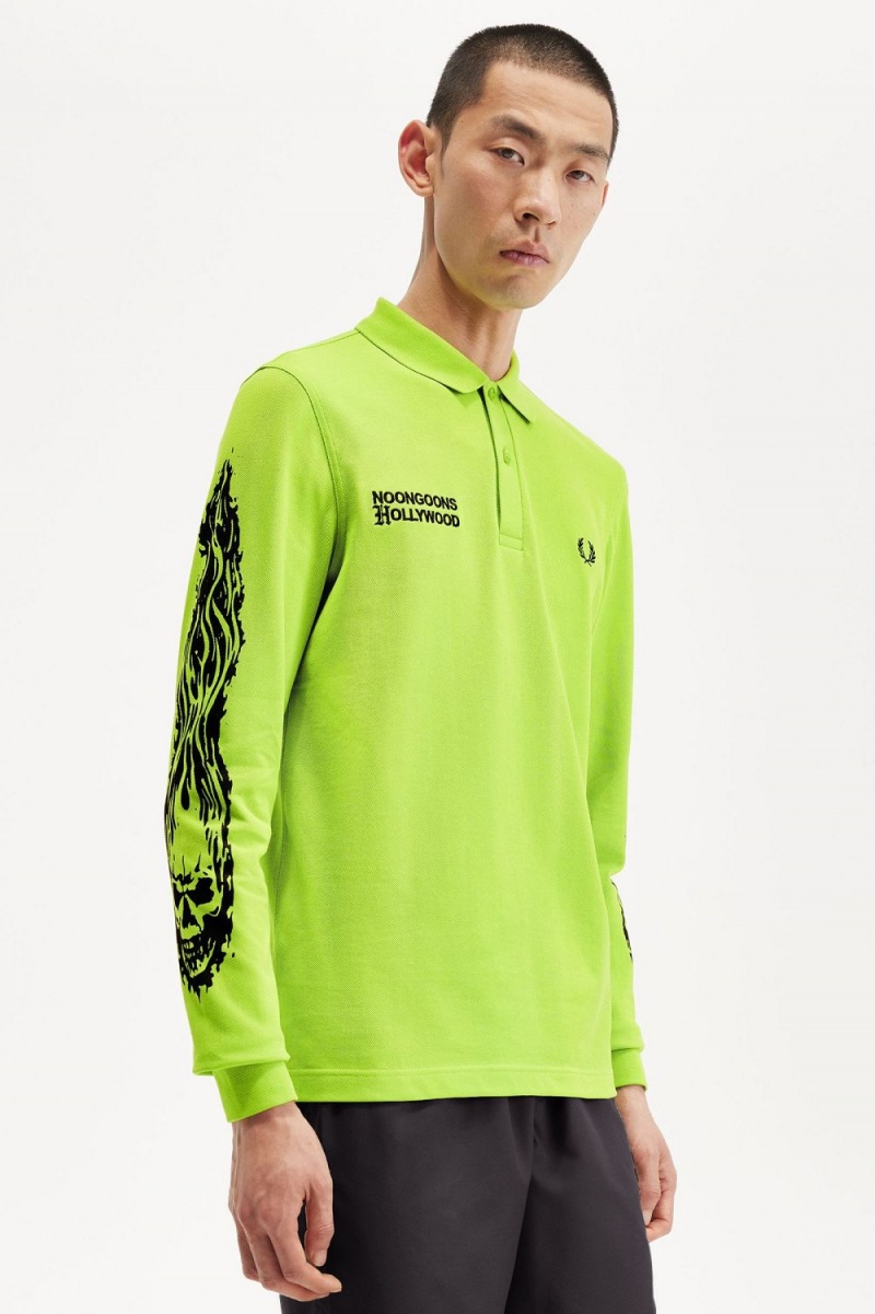 Fred Perry Noongoons Long Sleeve Graphic Men's Polo Shirt Lime Green | HZUFJ4860