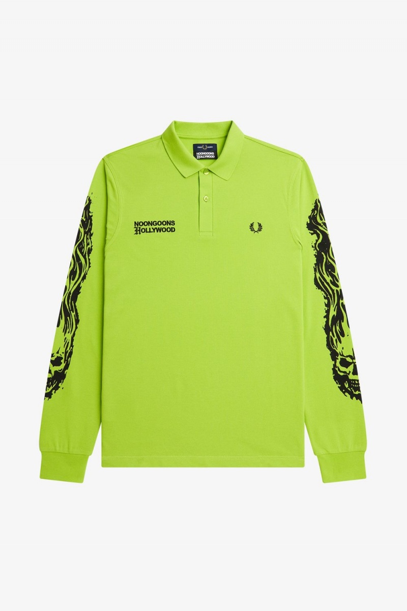 Fred Perry Noongoons Long Sleeve Graphic Men's Polo Shirt Lime Green | HZUFJ4860