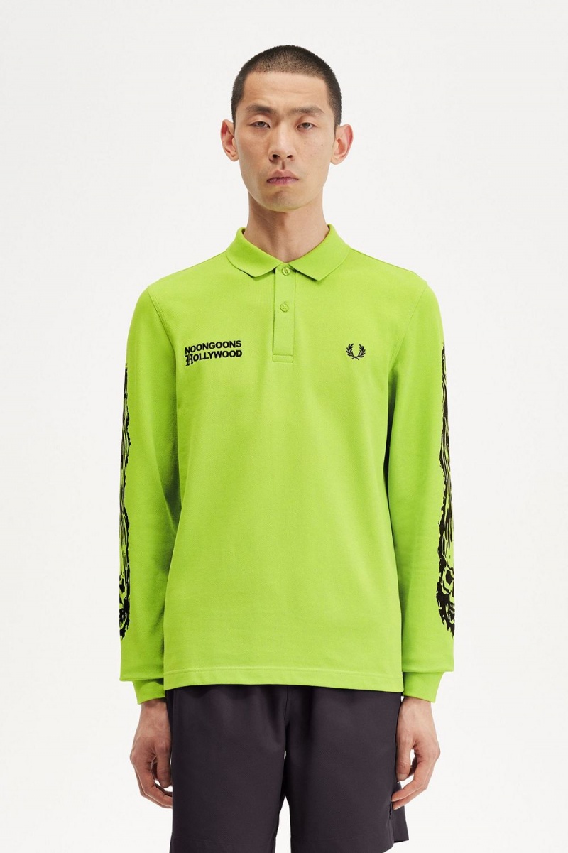 Fred Perry Noongoons Long Sleeve Graphic Men\'s Polo Shirt Lime Green | HZUFJ4860