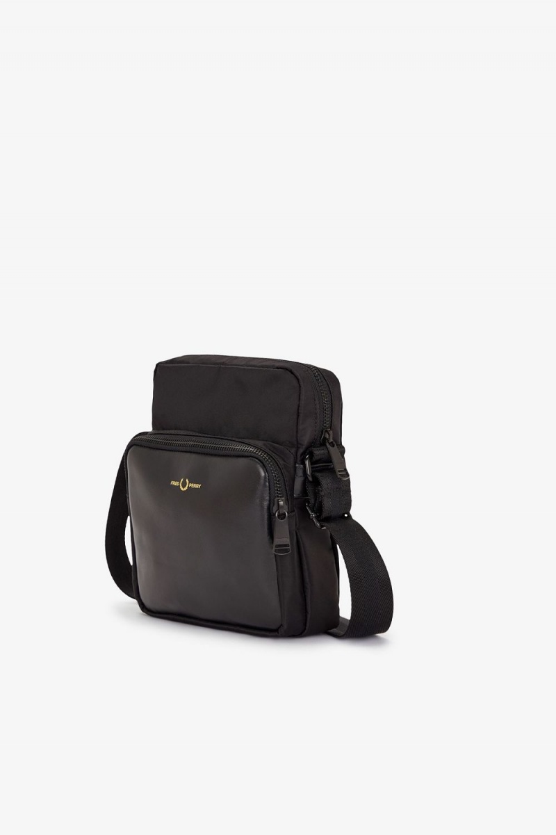 Fred Perry Nylon Twill Leather Side Men's Bags Black Gold | SCKIJ1986