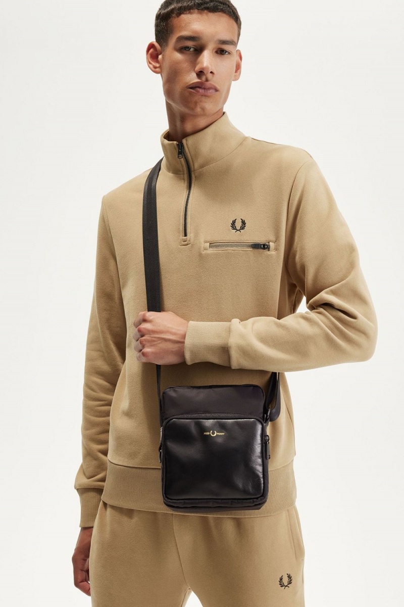 Fred Perry Nylon Twill Leather Side Men\'s Bags Black Gold | SCKIJ1986