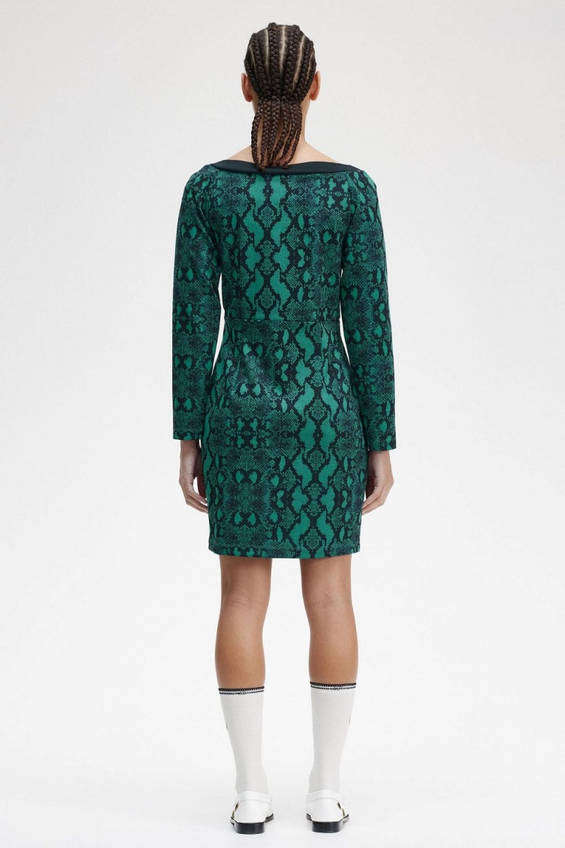 Fred Perry Off-the-Shoulder Snakeprint Women's Dress Deep Mint | AYWTF5709