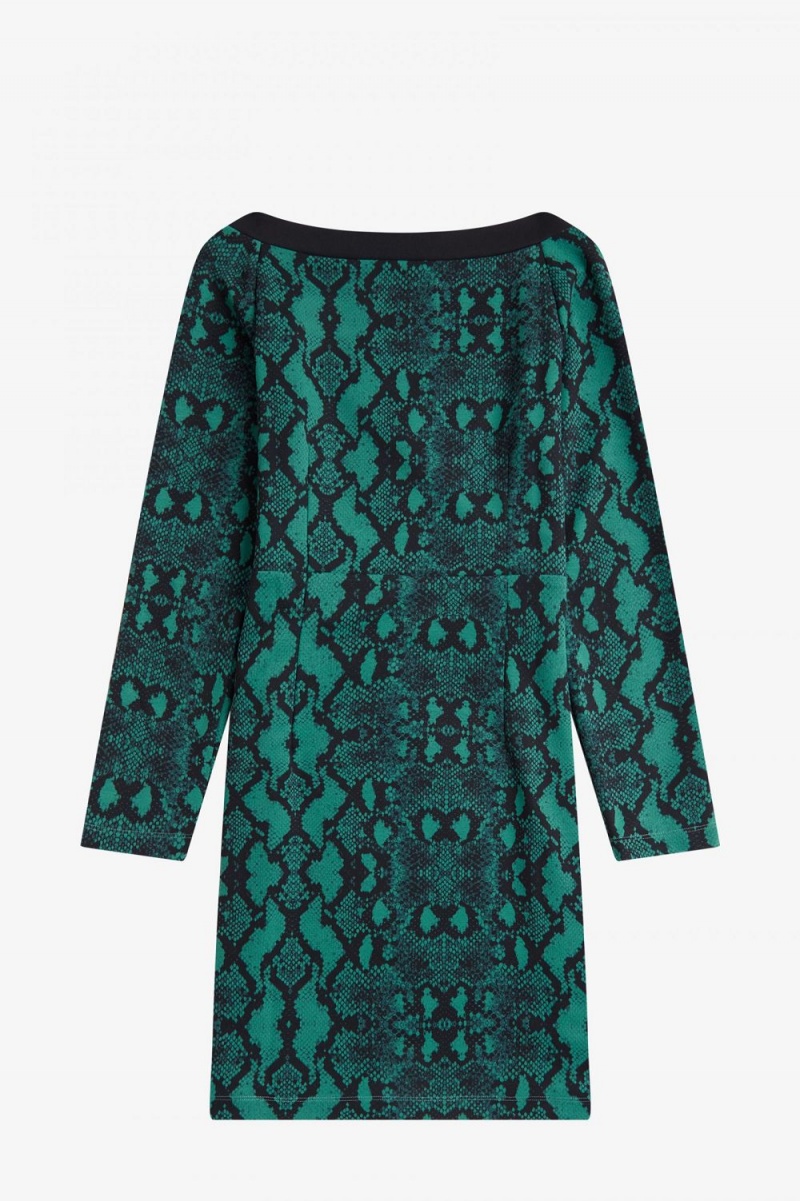 Fred Perry Off-the-Shoulder Snakeprint Women's Dress Deep Mint | AYWTF5709