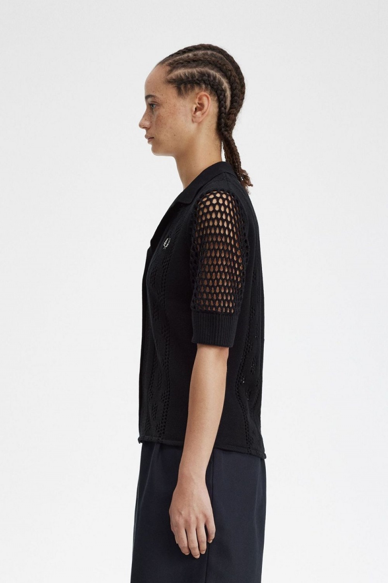 Fred Perry Open-Knit Button-Through Women's Shirt Black | TJRNG7480